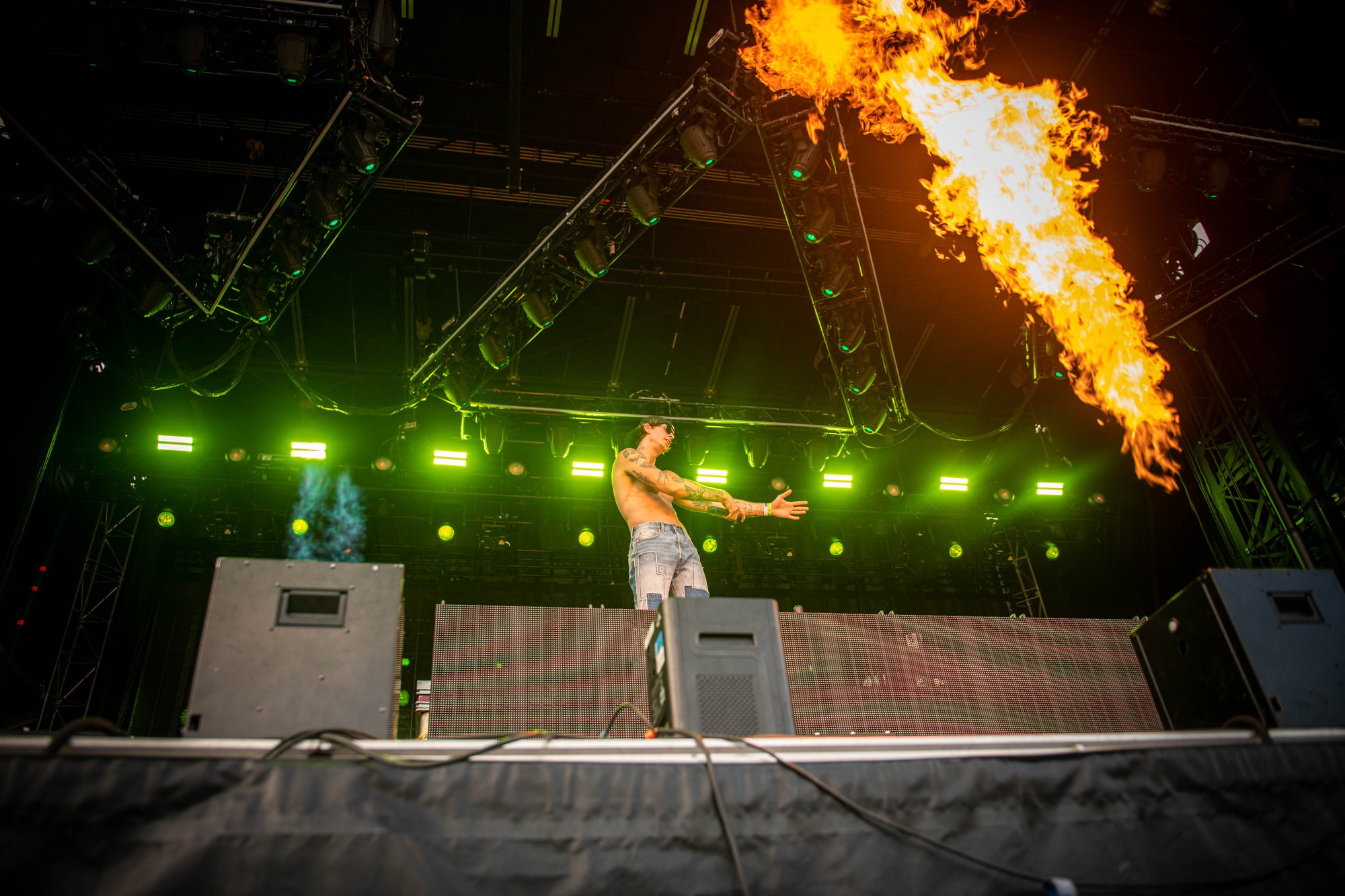 A headline performance lit by a column of stage fire