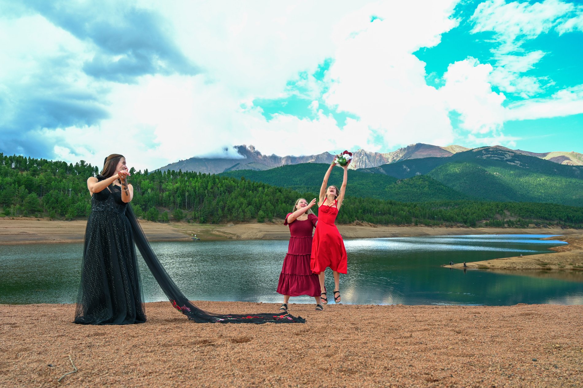 The bouquet toss at a Pikes Peak mountain wedding