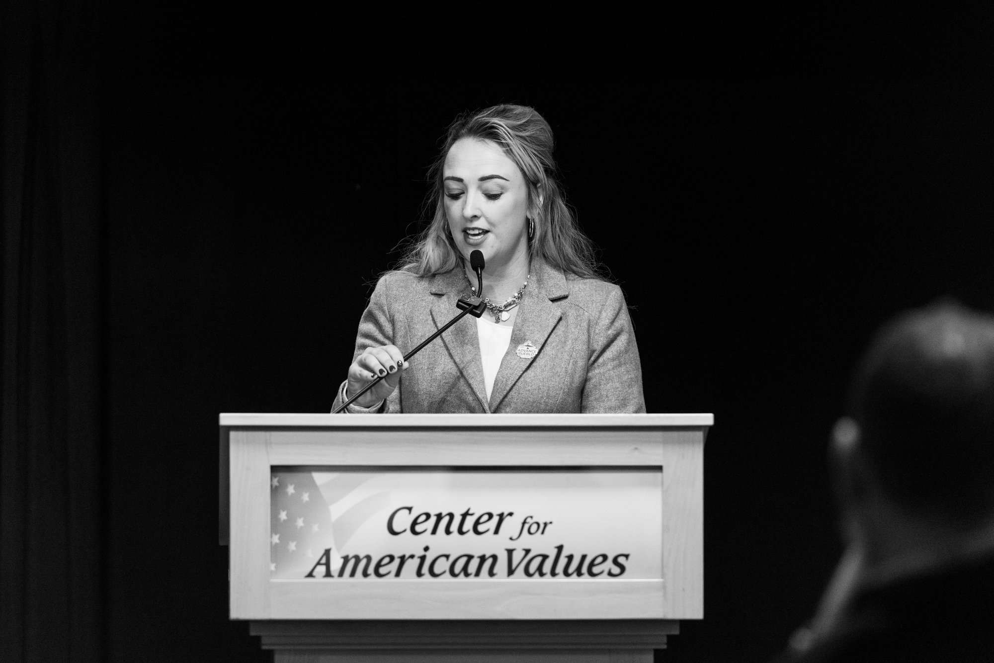 Speaker addressing an audience at the Center for American Values, documenting institutional leadership and high-protocol government event coverage.