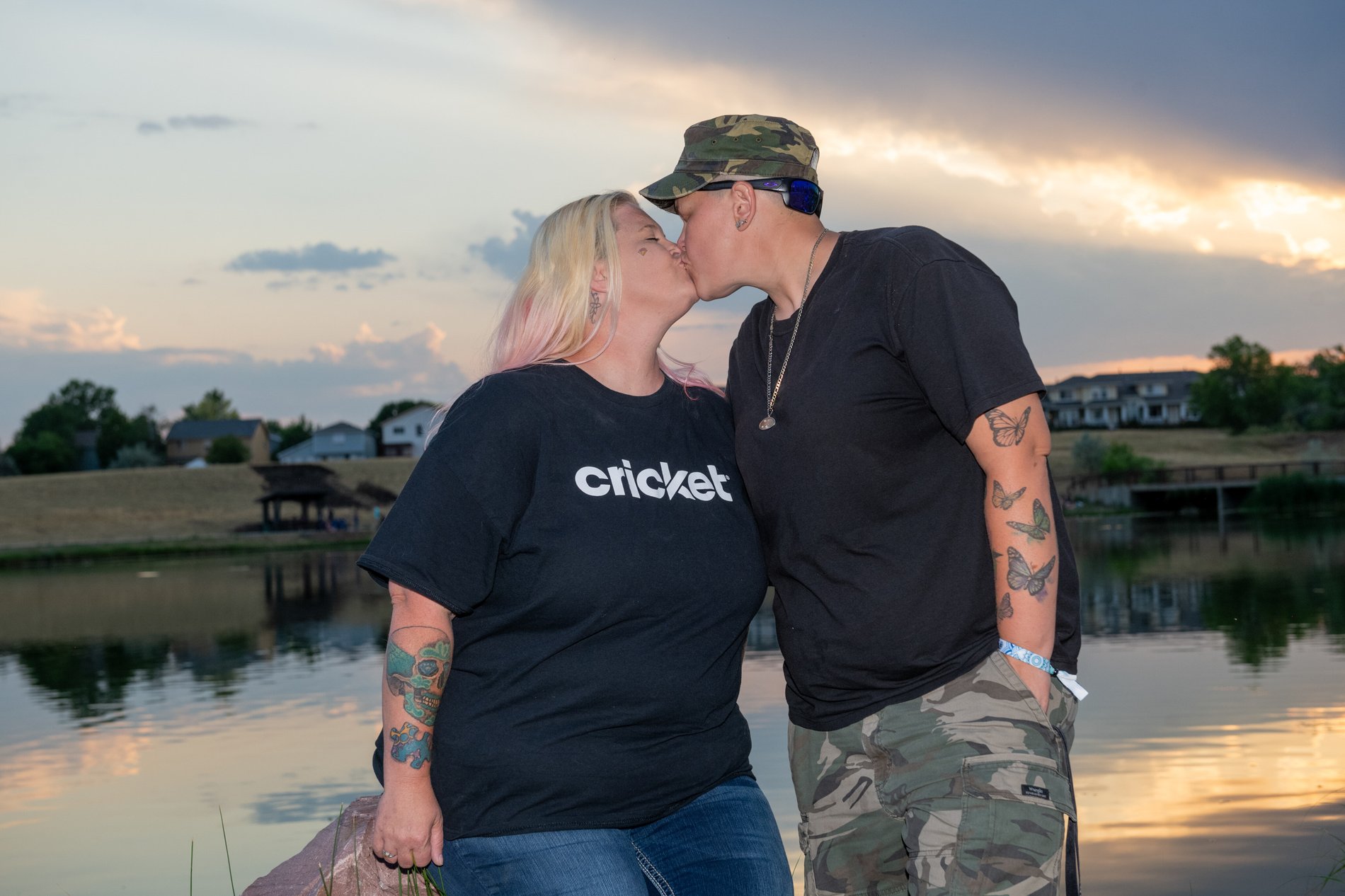 A sunset kiss by the water, Perfectionshoots Colorado wedding photography
